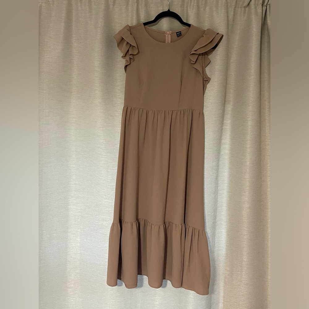 Elegant Tan Ruffle Sleeve Dress